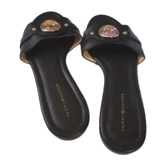 Tommy Hilfiger Black "Tricela" Flats Leather Slip Ons sz 8M Womens Sandals - Picture 2 of 8